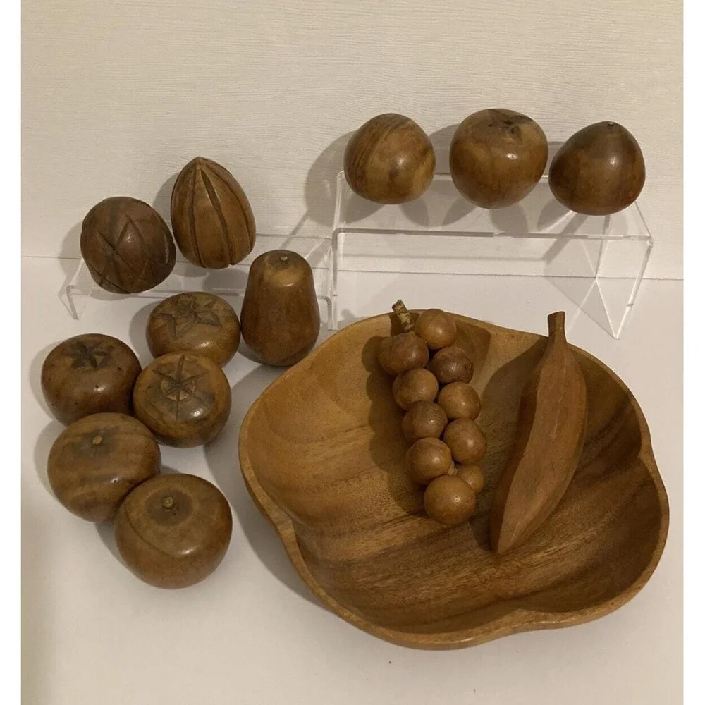 Vintage Hand Carved Wood Fruit and Bowl (14 Pieces) Tiki Party Decor Boho